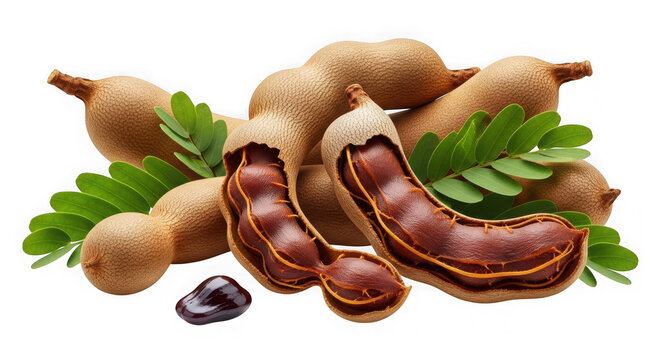 Fresh tamarind pods with green leaves and open pulp on white