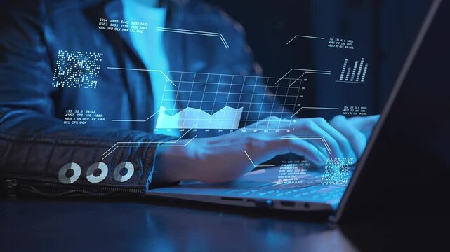 Businessman analyzing virtual data futuristic holographic dashboard business intelligence BI financial analysis big data visualization. stock market investment trends financial performance statistics