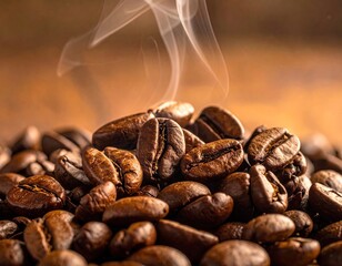 Close Up Steaming Coffee Beans Pile on Wooden Surface with Warm Lighting