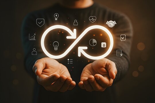 Business Continuity and Innovation Concept – Person Holding Glowing Infinity Loop with Technology Icons