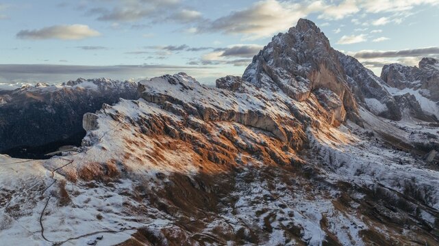 Rural non urban scene. Seceda mountain, aerial view of majestic nature, beautiful touristic place