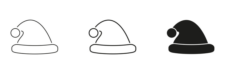 Santa Hat In Line, Outline, And Glyph Icon Set. Festive Holiday, Christmas Celebration, And Winter Apparel Symbol Collection. Seasonal Decoration And Cheer. Isolated Vector Illustration
