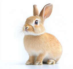 Obraz premium close-up of a fluffy light brown rabbit sitting attentively on a white background with soft fur and bright eyes