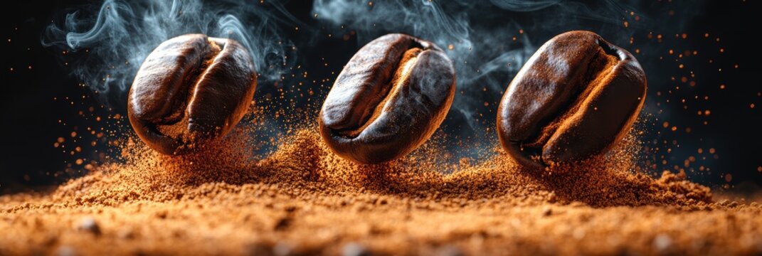 Rich coffee beans floating above ground coffee with aromatic smoke rising