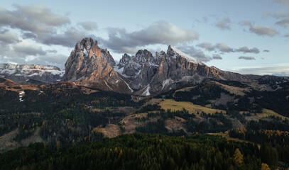 Mountains are at background. Tre Cime di Lavaredo, aerial view of majestic dolomites