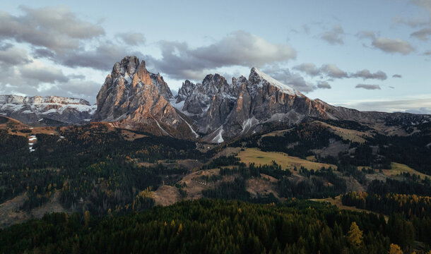Mountains are at background. Tre Cime di Lavaredo, aerial view of majestic dolomites