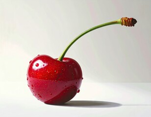 Close Up Studio Shot of a Single Ripe Red Cherry with Water Droplets and Green Stem Against a White Background