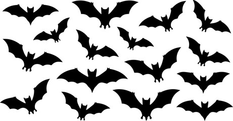 A spooky halloween silhouette of many flying bats in various poses