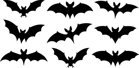 Collection of nine distinct black bat silhouettes in various flying poses