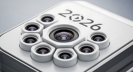 Futuristic camera array with year 2026, representing advanced technology and innovation