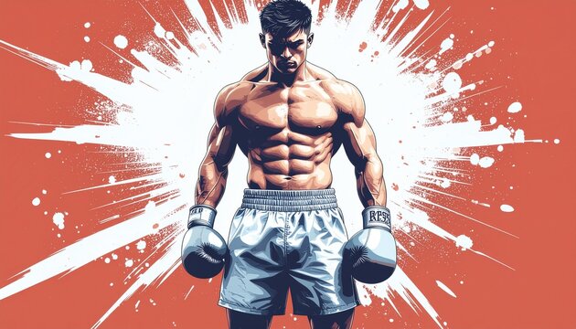 A powerful and muscular boxer with gloves on, in a stylized, graphic art illustration. The white splash on a red background adds to the dynamic and intense energy.
