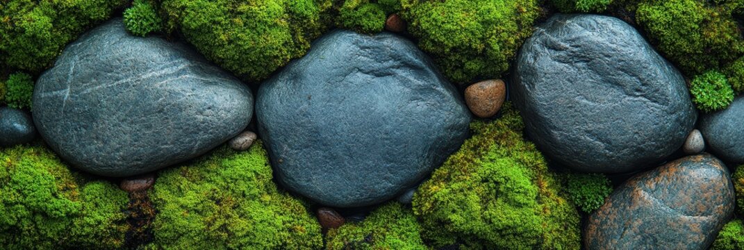 Emerald-themed graphic layouts showcase deep green hues along with smooth stones and vibrant moss