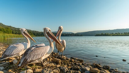 Three pelicans resting by the edge of a tranquil lake in a northern region