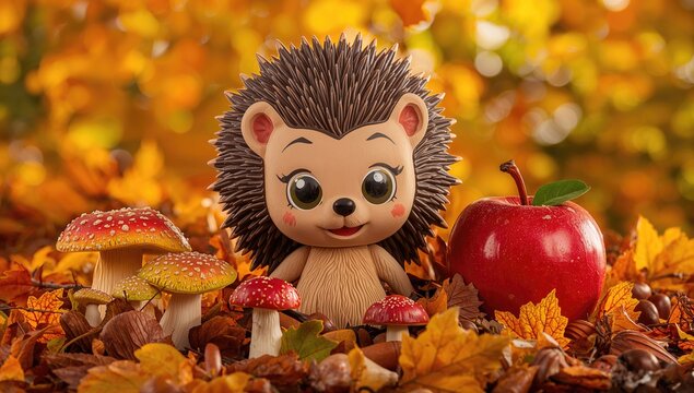 Brightly colored cartoon hedgehog surrounded by mushrooms and a red apple, showcasing autumnal themes