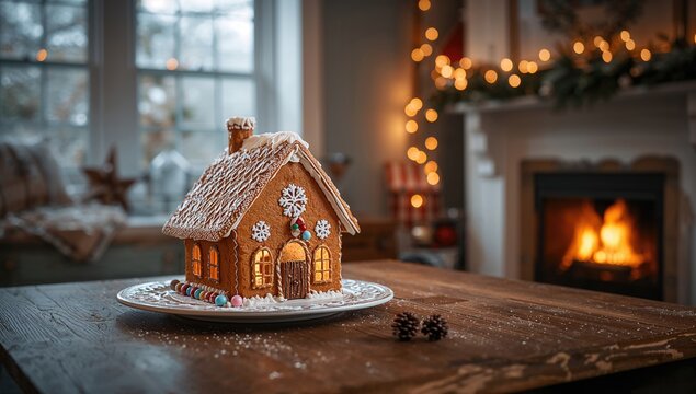 Handcrafted gingerbread structure surrounded by snow, festive culinary tradition, Christmas