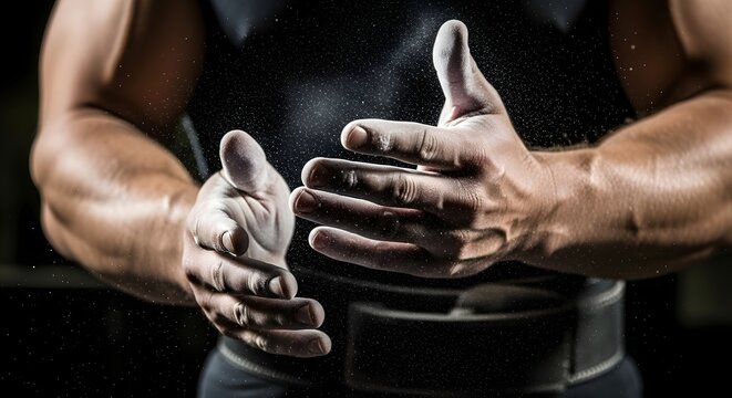 Athletic preparation with chalked hands for strength training and fitness motivation