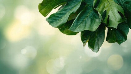 Fototapeta premium Close-up of lush green tropical leaves texture, suitable for editorial header background