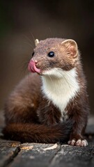 Fototapeta premium Brown-white weasel licking its nose while sitting on a weathered, gray wooden surface