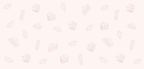 Seamless bakery pastry pattern background with croissants, cakes and sweets illustration