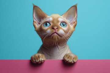 Unique hairless cat posing against colorful background with big blue eyes