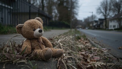 A worn teddy bear left by the roadside, evoking a sense of neglect and solitude