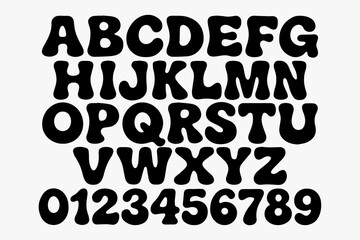 Bold and groovy retro alphabet with rounded uppercase letters and numbers, perfect for vintage-themed designs and nostalgic typographic projects