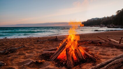 Inviting bonfire by the shore during summer, enhancing relaxation and social interaction