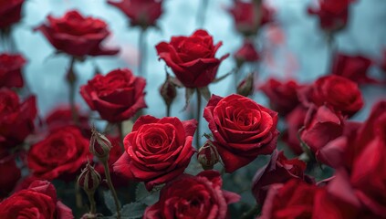 A vibrant collection of red roses, exhibiting intricate details, perfect for floral arrangements