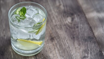 Fototapeta premium Glass of water with mint and ice on wooden surface, refreshing hydration choice