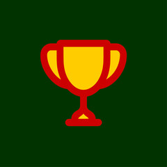 Bold trophy cup icon, in yellow and red colors, representing victory and achievement, on a dark green background with copy space