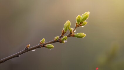 Fototapeta premium Green buds emerging on a twig with a spring backdrop, highlighting seasonal growth