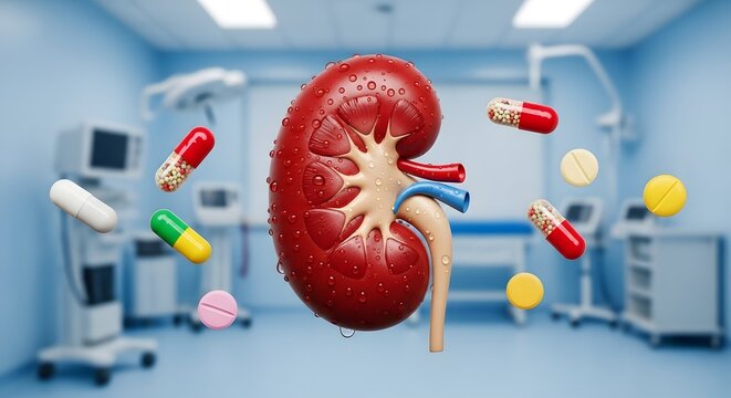Kidney health concept with capsules and pills in medical setting, symbolizing healthcare and treatment for renal conditions, ideal for educational and scientific purposes