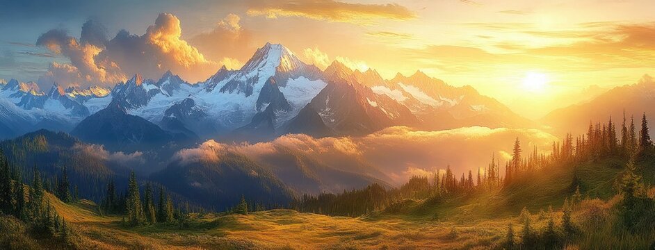 Sunrise casting golden light over snow-capped mountain peaks and forested hills with a vibrant sky and mist in the valleys