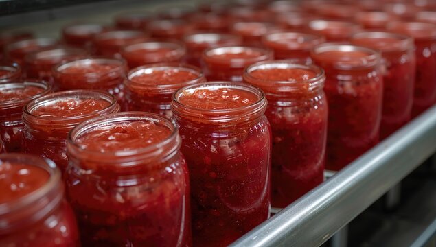 Glass containers filled with freshly prepared rosehip preserve in a handcrafted workshop. The vibrant and textured jam is packed tightly, awaiting closure. Photographed mid-process