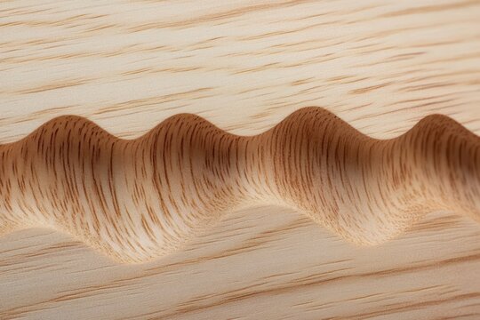 Close-up of a natural wood surface featuring a smooth, wavy carved groove highlighting wood grain texture and warm earthy tones - Powered by Adobe