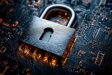 metal padlock placed on a glowing electronic circuit board symbolizing digital security and data protection with a high-tech atmosphere