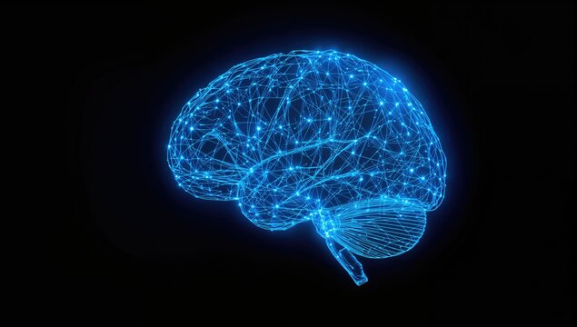 Artificial intelligence digital brain with glowing blue neural connections, efficiency