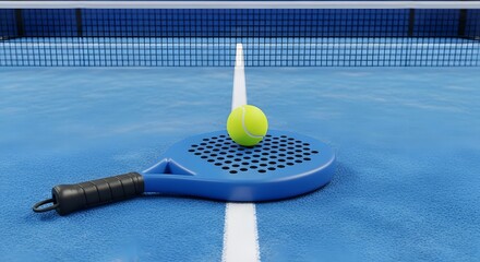 Padel tennis equipment on court surface with ball and paddle for sports enthusiasts and training concepts