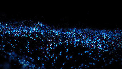 Abstract wavy lines of blue glowing particles on a dark background, futuristic dynamic sense of digital data flow or energy. The visual effect, suitable for technology, science, network concepts.