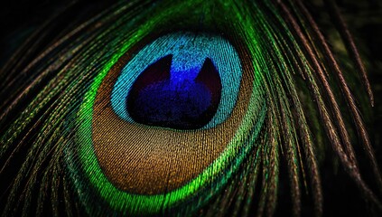 Obraz premium Detailed view of a Peacock feather, showcasing vibrant colors and intricate patterns, suitable for editorial design