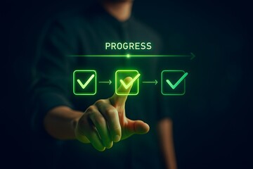 Businessman touching digital green checkmark – success, approval, and technology progress concept