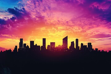 Fototapeta premium Vibrant sunset casting colorful hues over a city skyline filled with silhouettes