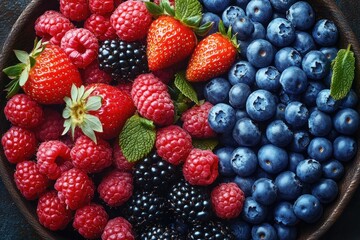 Close-up view of a bowl filled with fresh strawberries, raspberries, blackberries, and blueberries with green mint leaves scattered among the berries