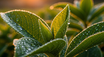Dew Drops on Green Leaves in Golden Sunrise Light