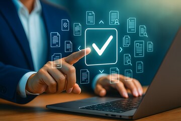 Businessman Selecting Digital Documents on Laptop – Online Data Verification and Workflow Technology