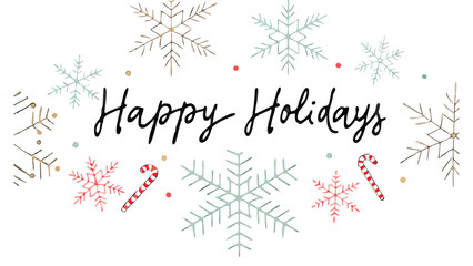 Festive happy holidays greeting with watercolor snowflakes and candy canes on a white background