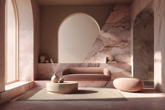 tone on tone interior in dusty rose and beige with layered textures marble and linen under soft diffused light