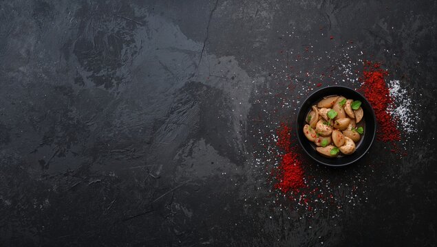 Food arranged on a dark backdrop, featuring scattered salt and red pepper flakes, highlighting spice mixture texture