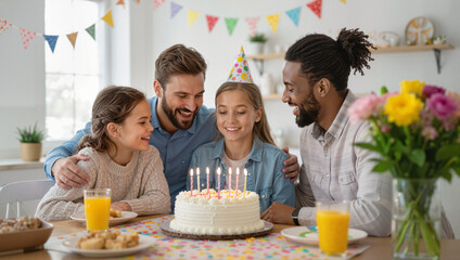 Girl blowing candles on birthday cake with family