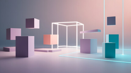 Cinematic 3D Geometric Light Forms – Pastel Gradient Fog in Lavender Peach Cyan